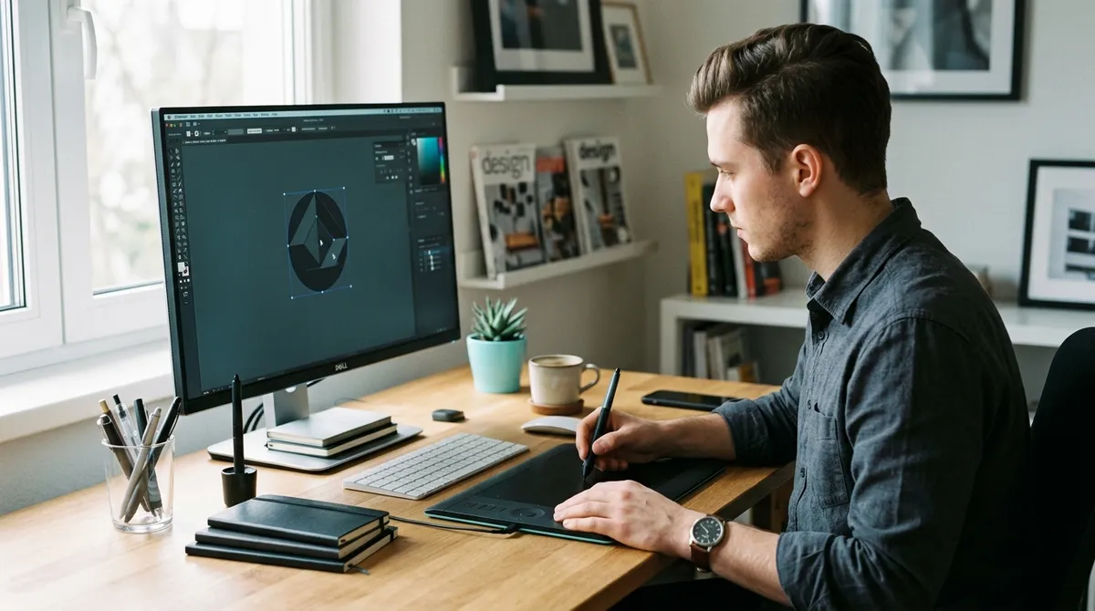 Graphiste travaillant un logo sur sa tablette graphique